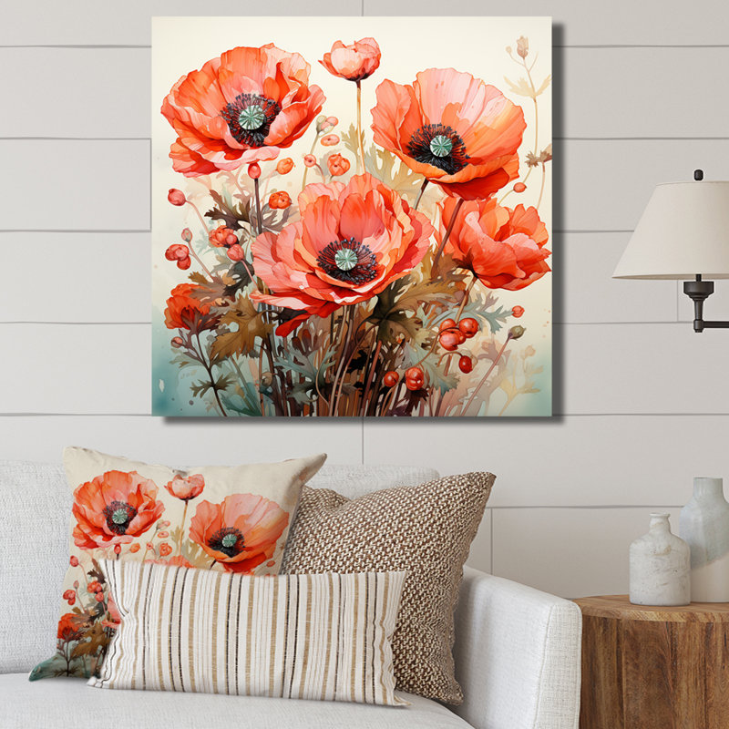 Red Serene Poppy Meadows I - Art mural coquelicot, H 16 po x l 16 po x P 1 po, Toile tendue