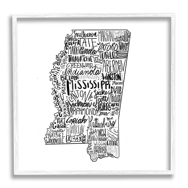 «Mississippi Typographie Shape State Map», estampe numérique texturée par le samedi soir, H 12 po x l 12 po x P 1,5 po