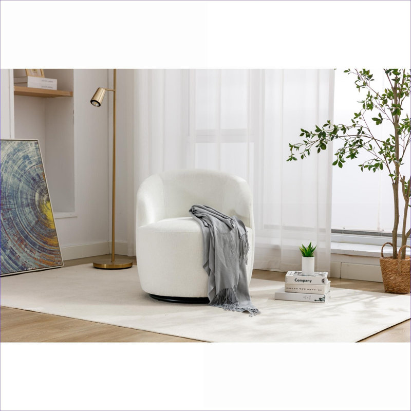 Fauteuil 1 place 25,6 pouces pivotant sur 360 ° avec accoudoirs tonneau en chenille et lin beige, Blanc beige