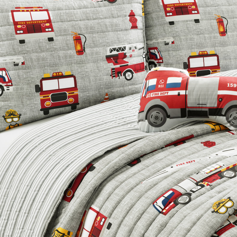  Ensemble de courtepointe Fire Truck, Rouge / Mauve, Courtepointe double / grand + 2 taies décoratives