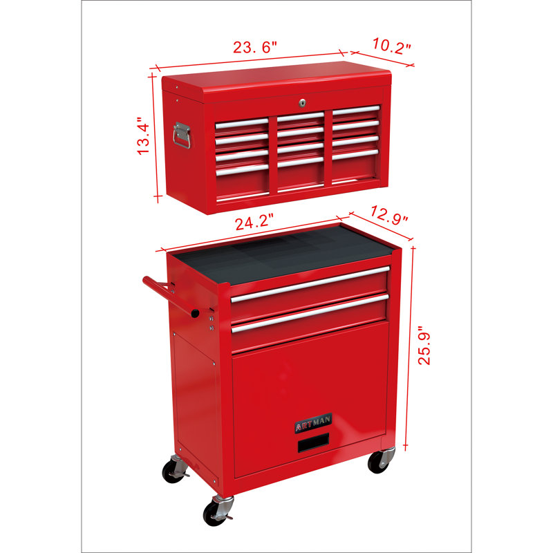 24.2'' W Steel Rolling Combination Set 8-Drawer Tool Chest with Wheels, Red