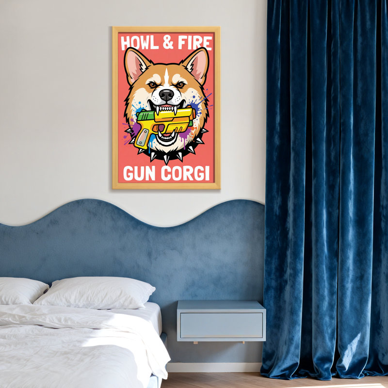 Animals Corgi Holding Yellow Gun With Splatter Background, 12" H x 18" W, Wrapped Canvas, Does Not Apply