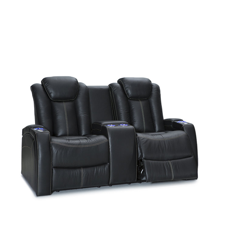 Causeuse de théâtre en cuir véritable de largeur 73 po avec porte-gobelet Eisla, Cuir véritable noir