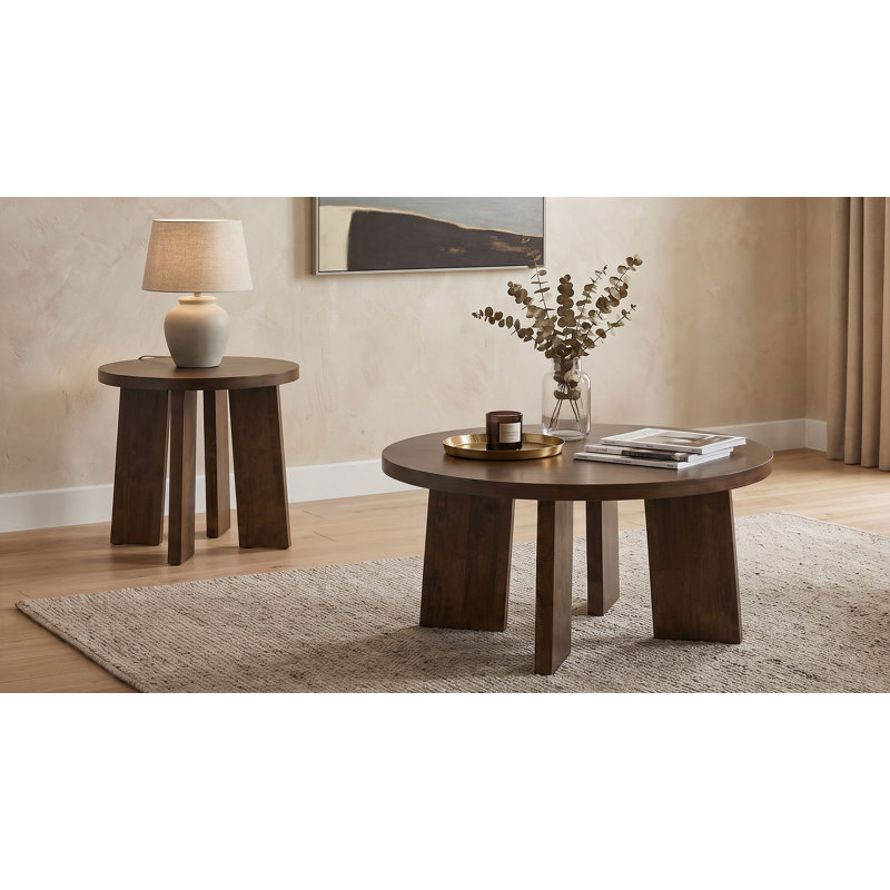 Ensemble de deux tables basses et d'appoint rondes Strouse en noyer foncé, Noyer foncé, 2 pièces: table basse, table de bout