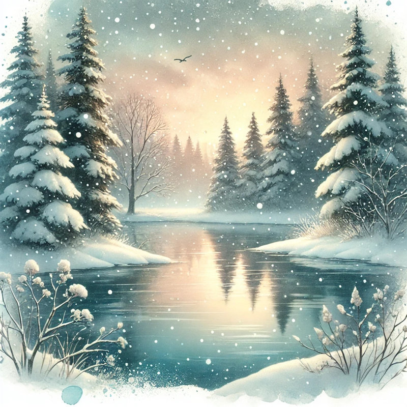 «Whispering Winter: Tranquil Snowy Lakeside», reproduction sur toile, H 40 po x l 40 po