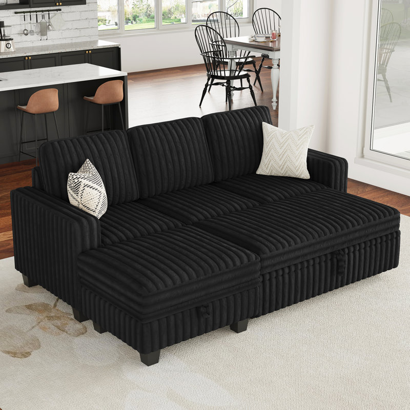 Compact Sofa With Storage Ottoman Soft Upholstery For Small Spaces, Black Faux Fur