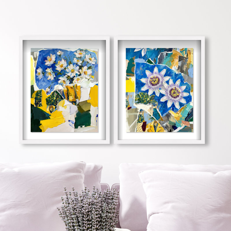 Blue Sunshine Set Shadowbox Floral & Botanical Print by Oliver Gal, Black Frame, 16 x 20, 17.5"H x 21.5"W, White Shadowbox