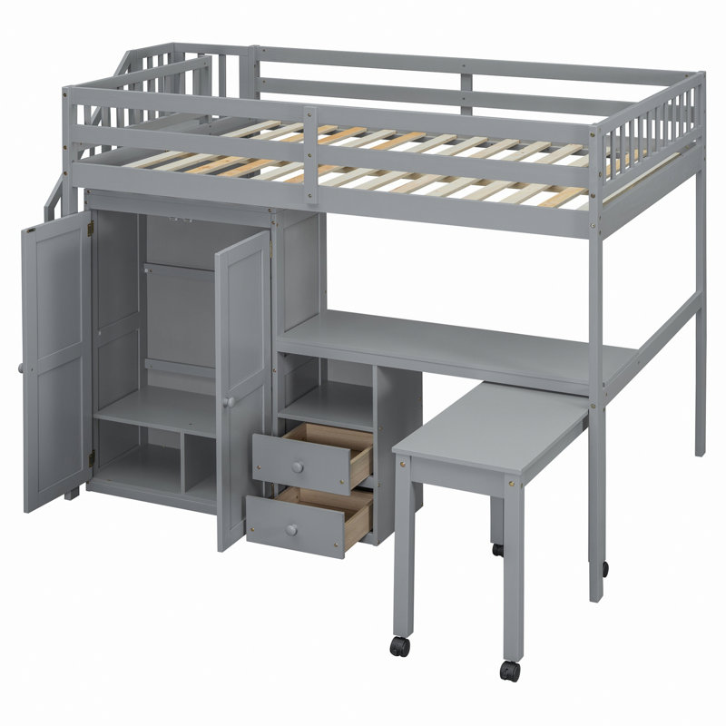 Loft Bed With Stairs, Drawers, Desk And Wardrobe, Grey