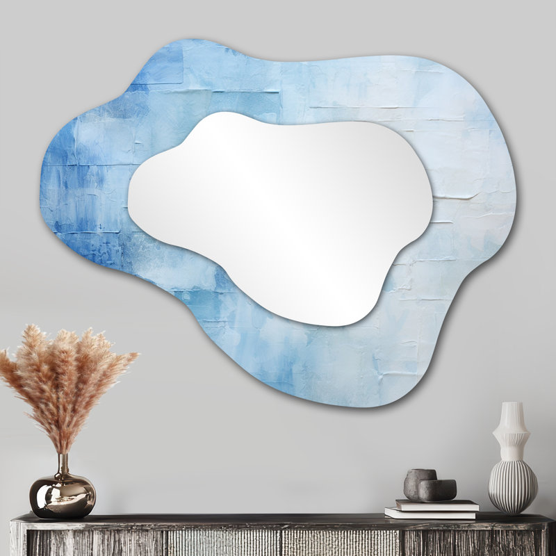 White and blue Scandinavian Tiles IV - Boho Mosaic Asymmetrical Decorative Mirror, Blue Cloud Wall Mirror, Printed Metal Art