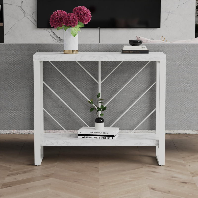 White Faux Marble and Steel Console Table with Storage Shelf