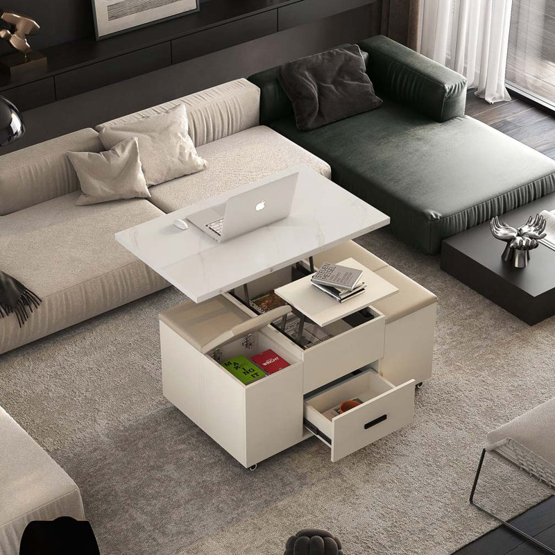 Table basse relevable avec 4 tabourets et 2 tiroirs, Jaune clair