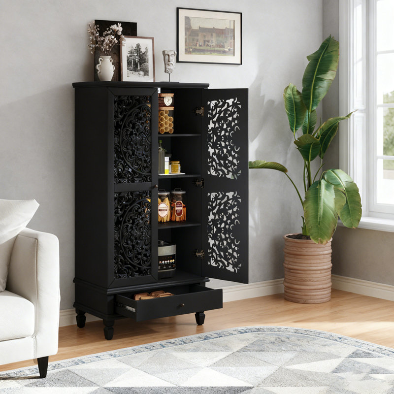 Rustic Tall Storage Cabinet With Drawer And Carved Wood Doors, Solid Wood Legs For Multi-Room Organization And Timeless Style.