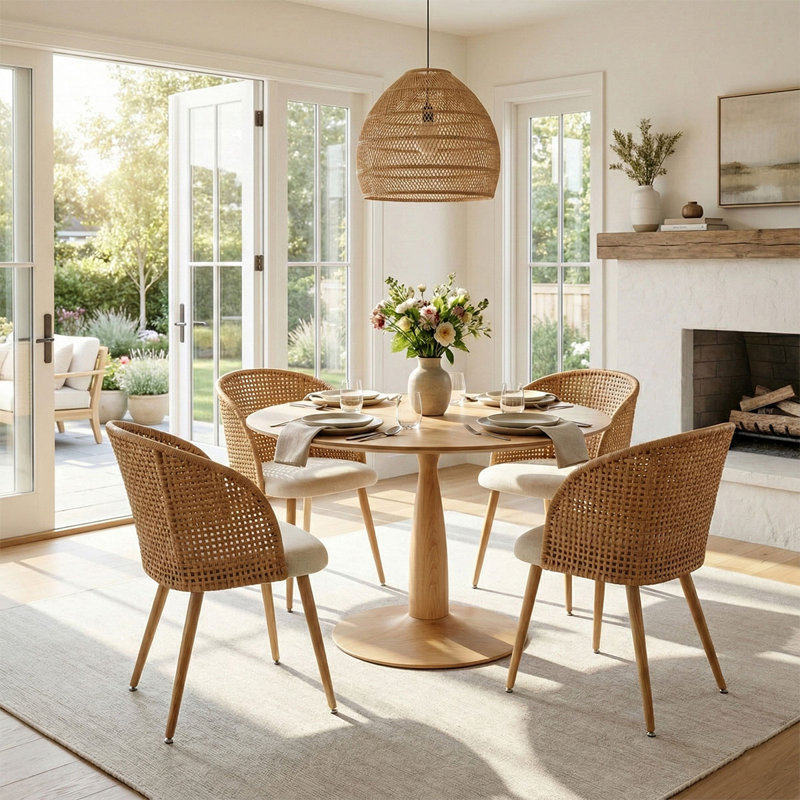 4 - Person Dining Table Sets With Round Table & 4 Upholstered Fabric Chairs