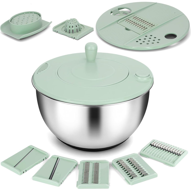 Ensemble de essoreuse à salade en acier inoxydable 10-en-1 - Laveuse et trancheuse de légumes multifonctionnelle