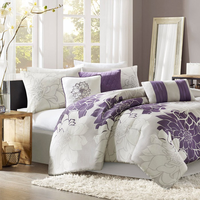 California King Gray and Purple Floral Cotton Comforter Set