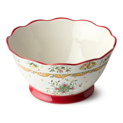 Provence 132 oz Deep Ceramic Serving Bowl – 10.5" x 5.5" Round Bowl for Pasta, Salad, or Fruit – Vintage French Country Style – Large Rustic Folk Art Bowl