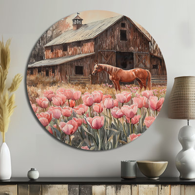 Tulips And Horses By The Barn II - Tulips Round Metal Wall Decor, Traditional Pink Metal Art Print