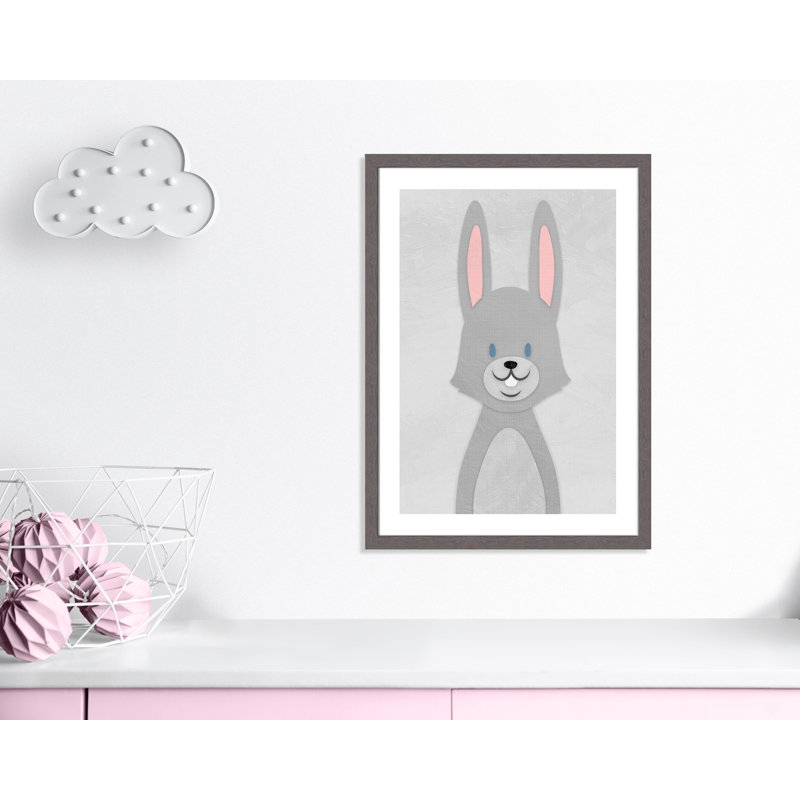 Art de lapin joyeux, H 34,5 po x l 24,5 po x P 0,6 po, Encadré plat à grain de bois gris