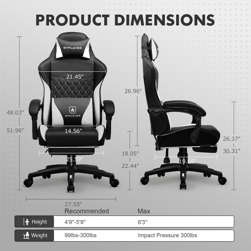 GTPLAYER GAMING CHAIR Adjustable Reclining Ergonomic Faux Leather Swiveling PC & Racing Game Chair, White/Black