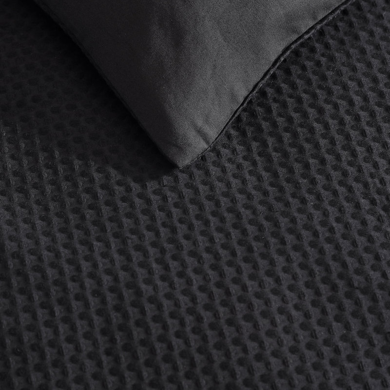 Pique Standard Cotton 3 Piece Duvet Cover Set, Queen Duvet Cover + 2 Queen Shams, Black