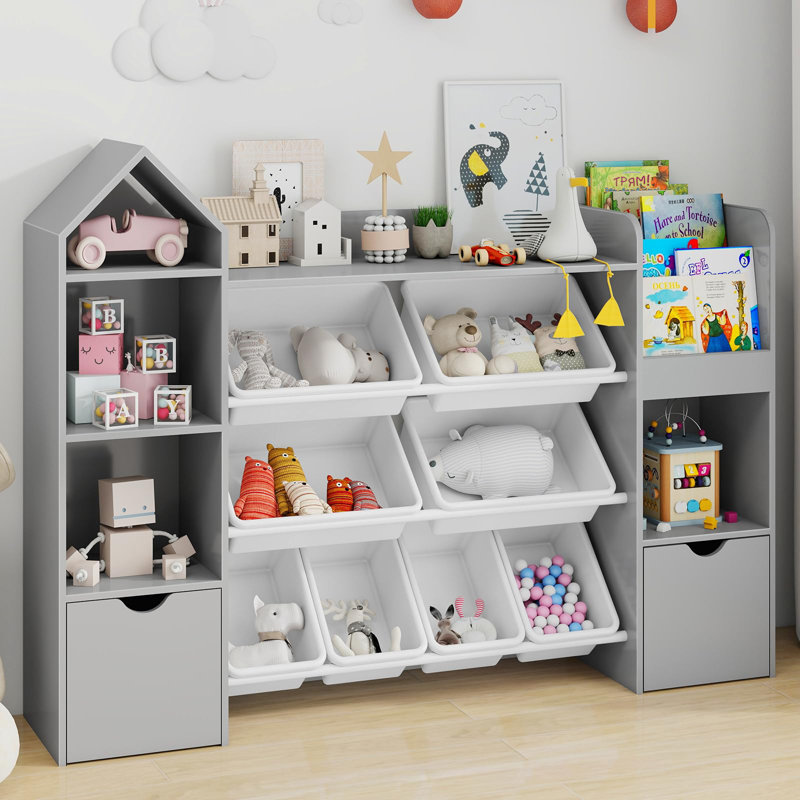 Bibliothèque avec 8 paniers à jouets amovibles, Gris
