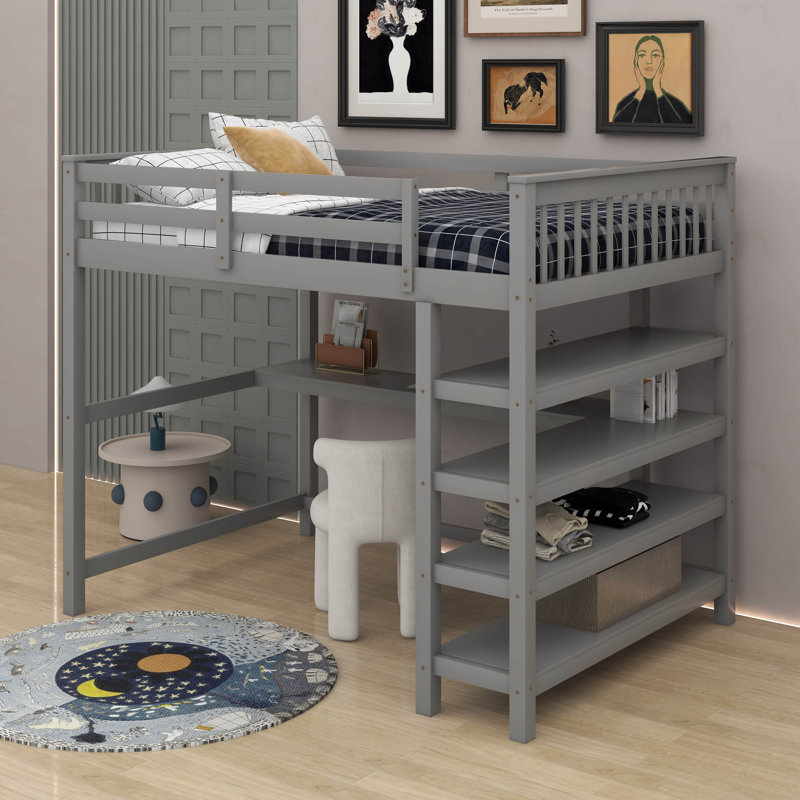 Lit mezzanine double avec tablettes et bureau, Gris