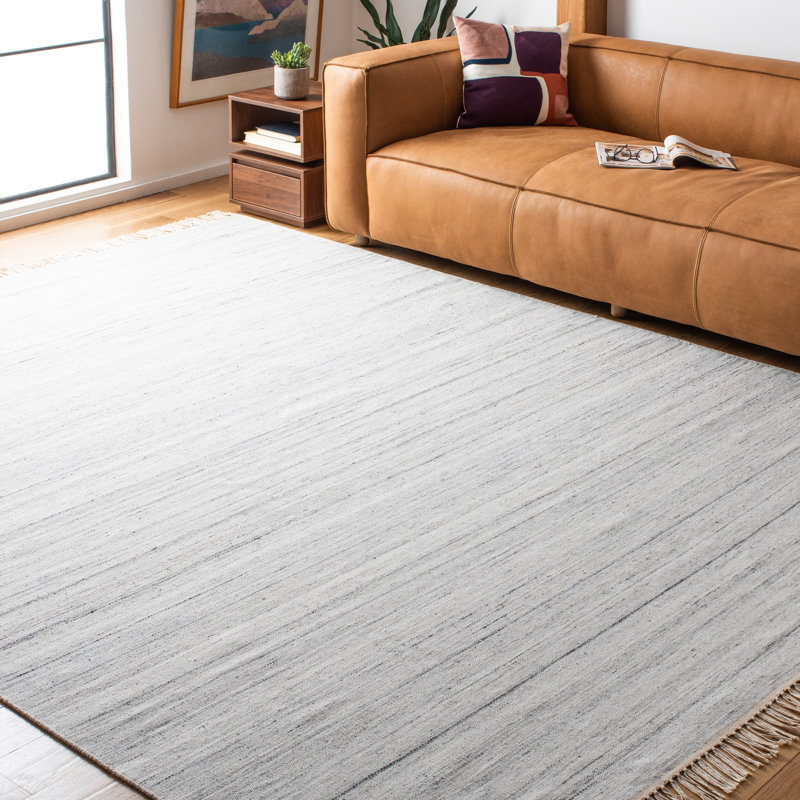 Starcher Hand Loomed Wool/Cotton Striped Rug in Light Gray, Round 7'