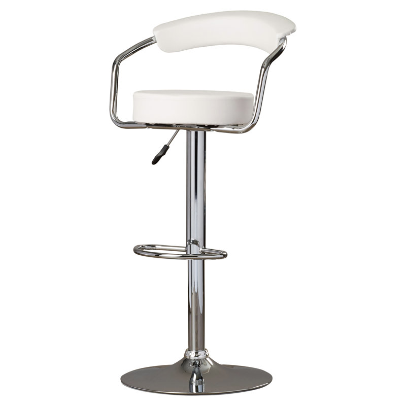 Tabouret de bar contemporain en vinyle réglable en hauteur avec accoudoirs et base en chrome, Blanc brillant, 1