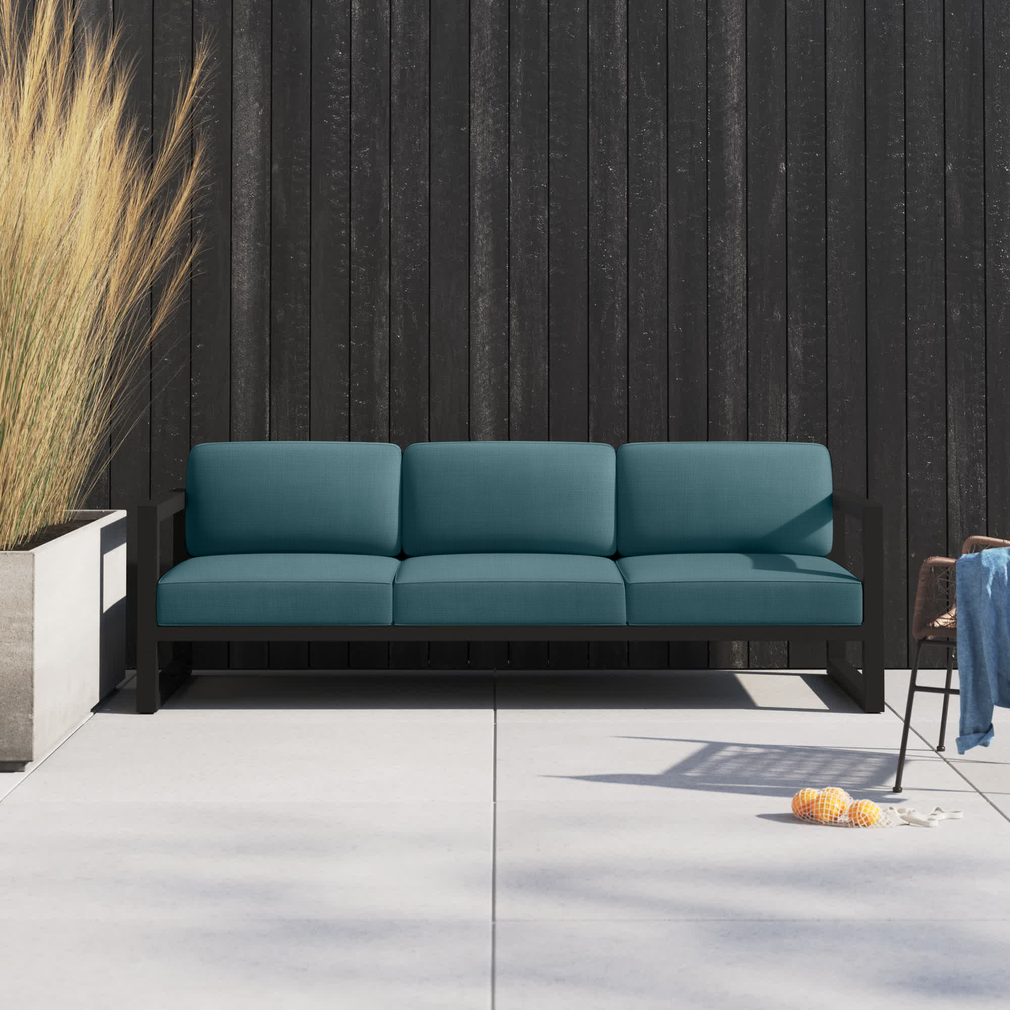 Smith 84" Outdoor Sofa with Sunbrella® Cushions, Black, Cast Lagoon