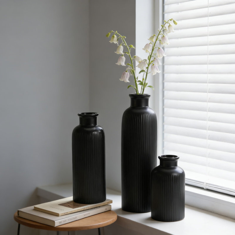 Ensemble de 3 vases en céramique noire, décorations de maison de ferme moderne Boho pour table, tablette, cuisine, salon, chambre à coucher, salle de bain et centre de table