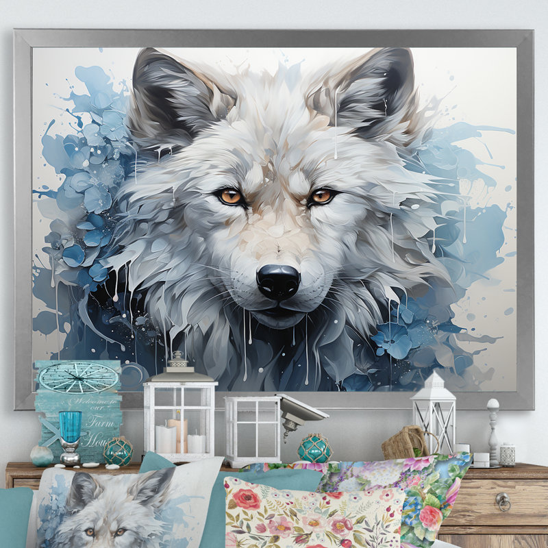 Portrait de renard bleu et blanc I sur toile, Cadre simple argenté, H 30 po x l 40 po x P 1,5 po
