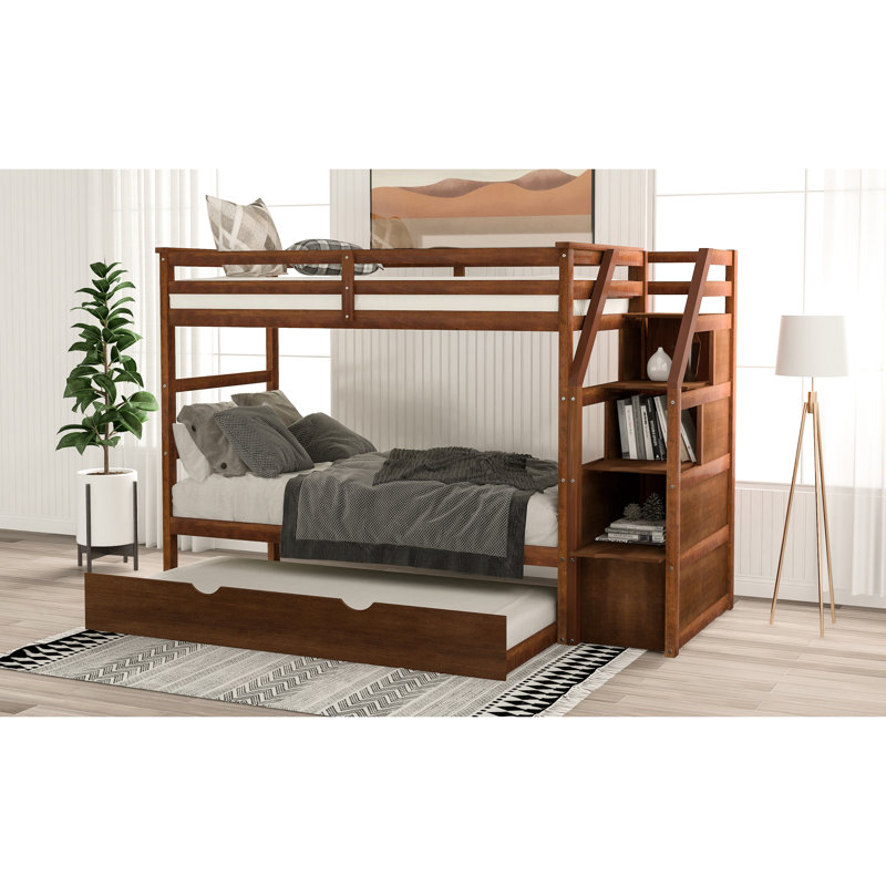 Twintwin Bunk Bed With Walnut Frame And Trundle For Extra Storage Functional In