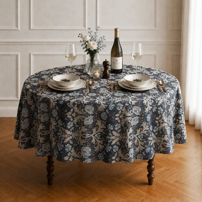 Water-Resistant Floral Linen Textured Round  Tablecloth, 84" Round