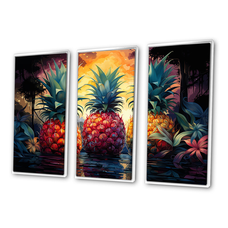 Ensemble de toiles murales ananas, Cadre flottant blanc, H 28 po x l 36 po x P 1 po