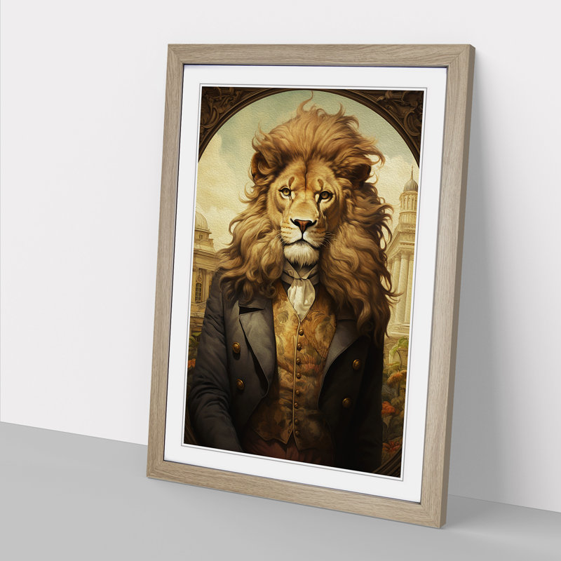 Lion Victorian Framed Print, Oak, 34cm H x 25cm W x 2cm D