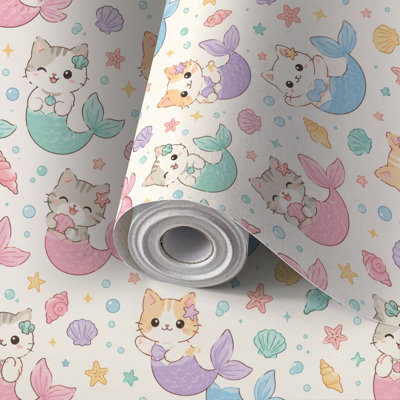Peel and Stick Wallpaper Contact Paper Cute Cartoon Cat Mermaids Pastel Colours Seashells Self Adhesive and Removable 24in x 118in(60x300cm)