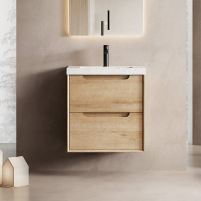 24" Single Wall Mounted Bathroom Vanity In Natural Oak With Engineered Stone Top