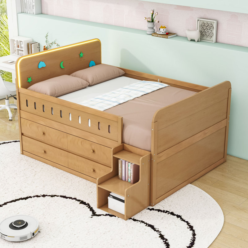 Lit double en bois avec lumière DEL et tiroirs de rangement, Bois
