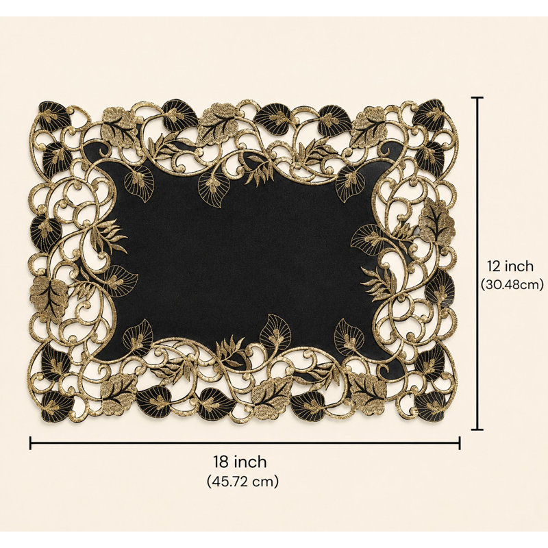 Niya Luxury Dining Table Placemats for Christmas Home Decor Stylish Golden Lace Placemats Polyester, Black Gold