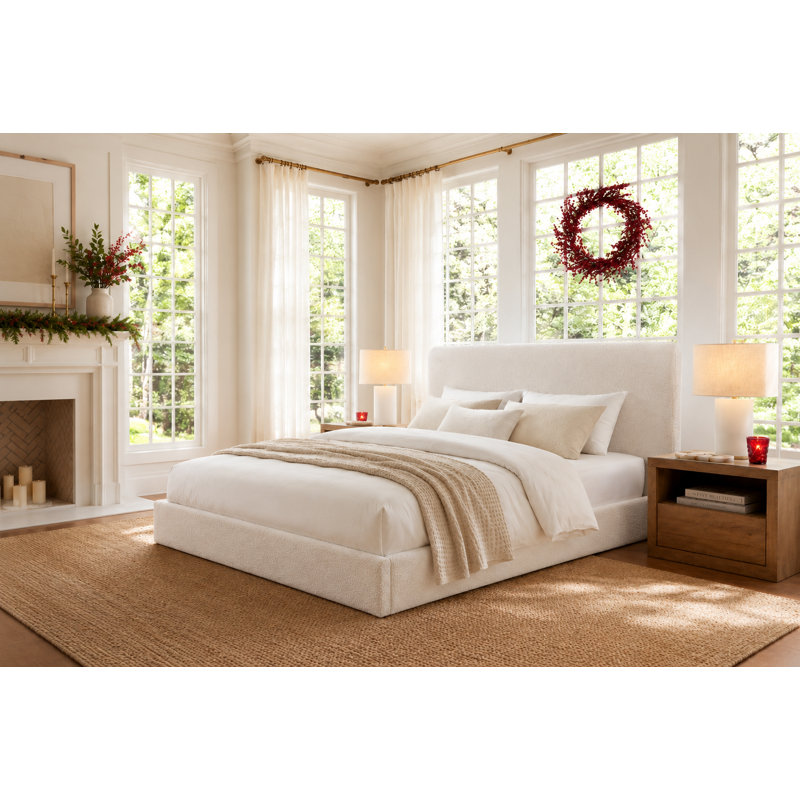 Kaiser Mid-Century Upholstered Platform Bed, Ivory Boucle, Queen