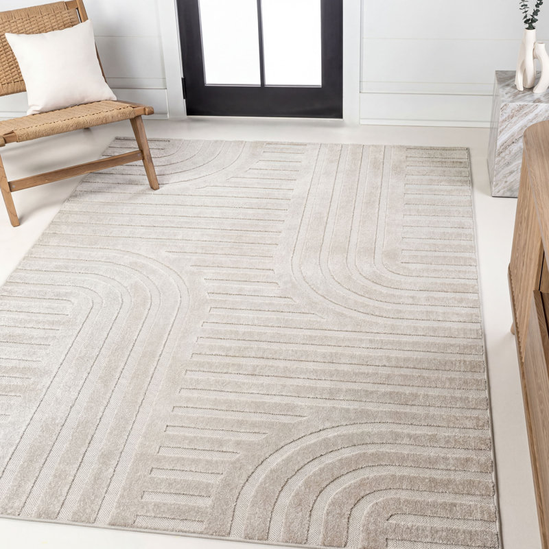 Alandis High-Low MidCentury Modern Arch Stripe Two-Tone White/Cream Indoor/Outdoor Rug, Rectangle 7'10" x 10'