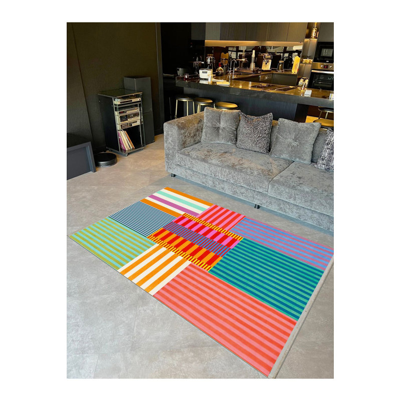 Tapis décoratif multicolore à lignes tissées créatives, Runner 3'3" x 6'7" Rug Pad Included