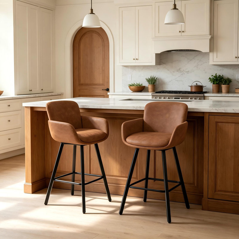 Upholstered Swivel Bar Stools with Metal Frame, New Brown, 26