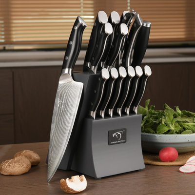 Ensemble de 15 couteaux de cuisine avec bloc Damascus, gris