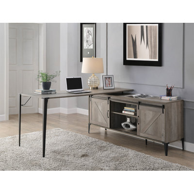 Stylish Gray Oak And Black Writing Desk With Spacious Storage Cabinet