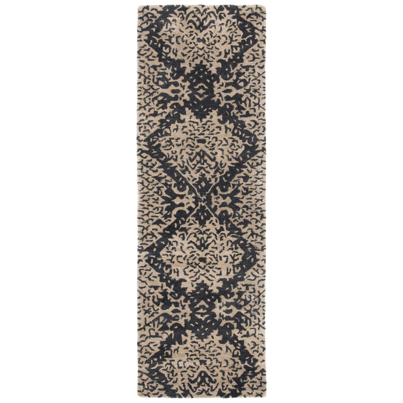 Tapis gris / noir en laine / coton touffeté à la main Kouerga, Tapis de couloir 2 pi 3 po x 9 pi