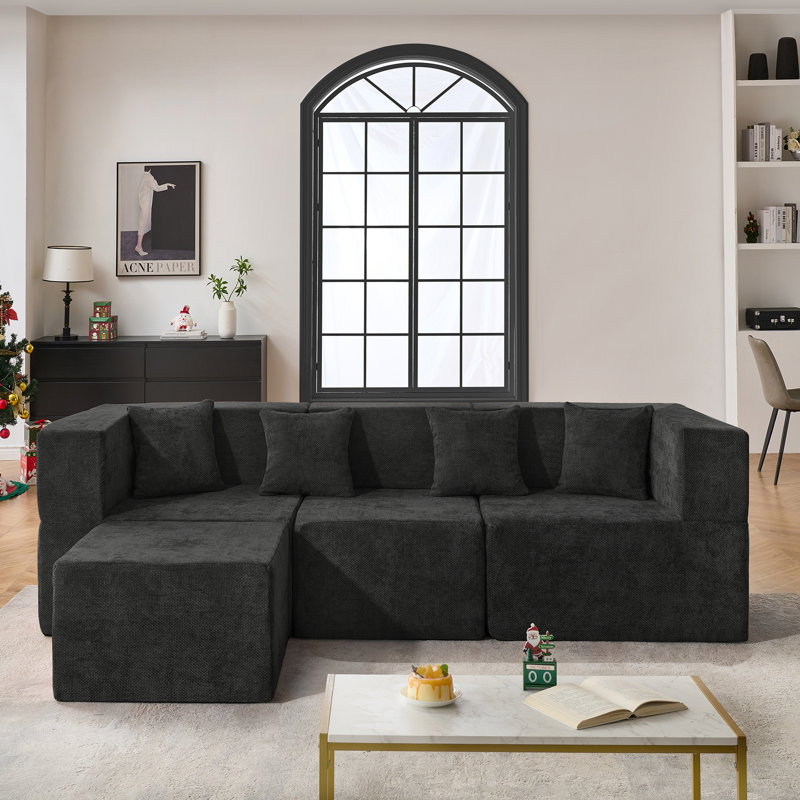 Canapé modulaire en forme de L avec repose-pieds et coussins, siège profond et moderne Modern Minimalist, Chenille noir