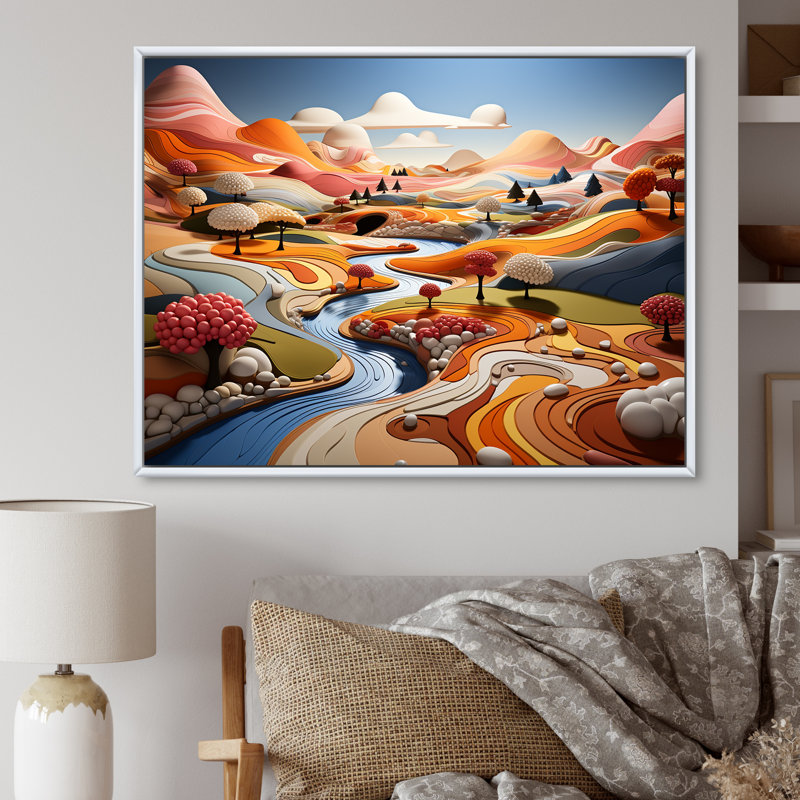 «Whimsical Fields Of Color Landscape I - Countryside», reproduction d'art sur toile, Cadre flottant blanc