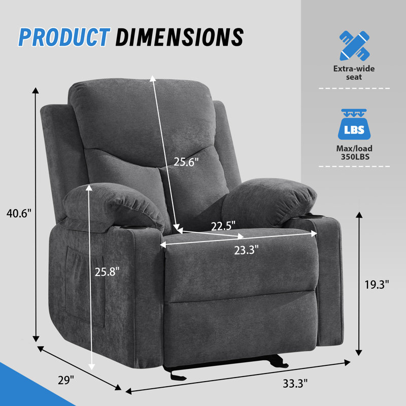 Latitude Run® Manual Rocker Recliner Chair for Adults With Massage Funcation, Dark Gray