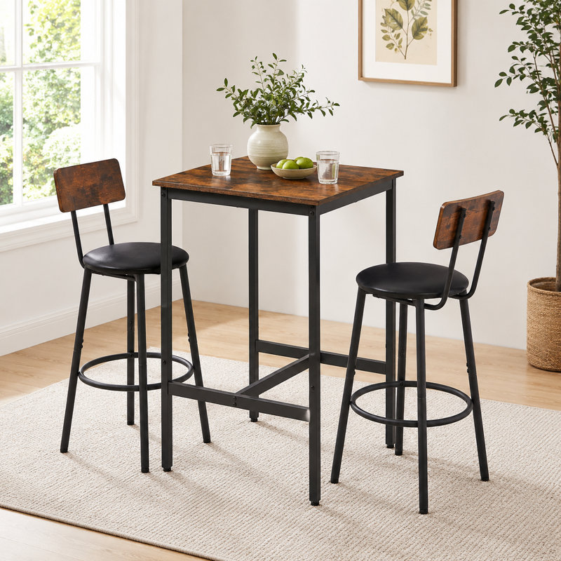 Ensemble de table de bar rustique brun équipé de deux tabourets de bar rembourrés pour les loisirs à la maison